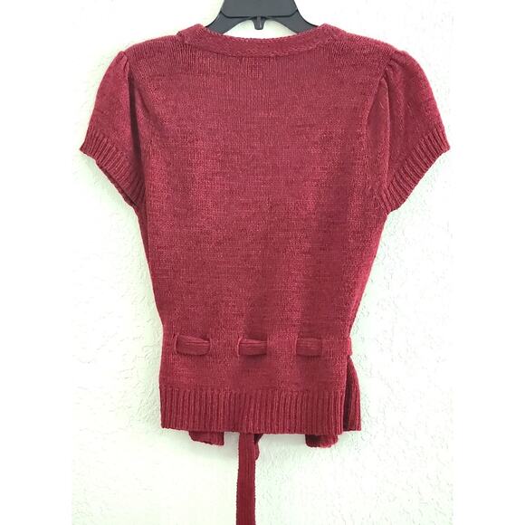 SWEATER/VEST STYLE-AUGUST SILK-Cranberry Burgundy-Front Waist Tie-Knit-Size MED - Picture 2 of 11
